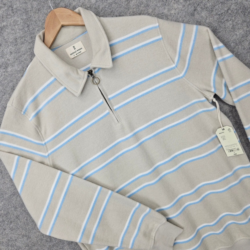 NEW Mutual Weave Fleece Pullover Men's LT Beige Stonehenge Stripe Quarter Zip